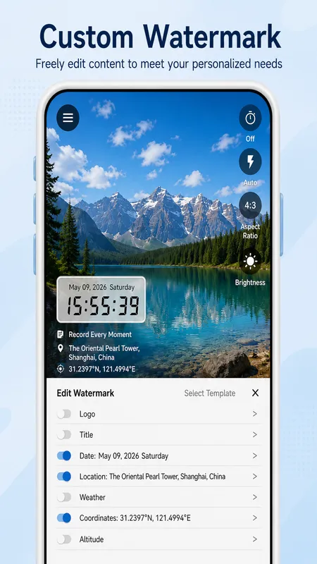 StampCam screen: a photo stamped with time, address and GPS coordinates (android 2)