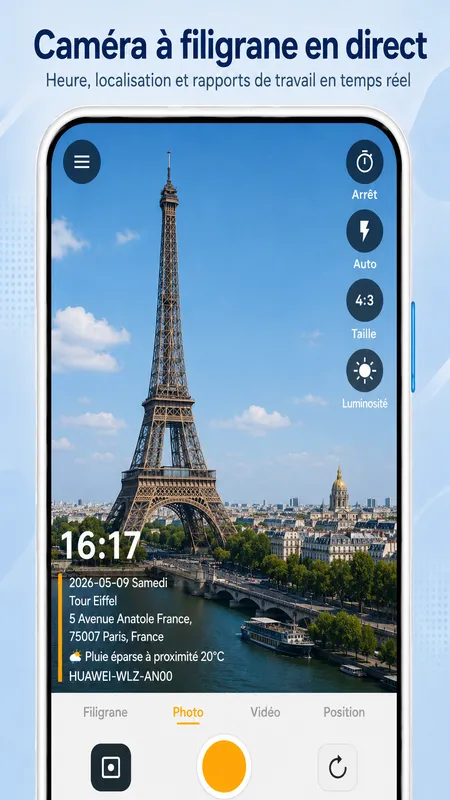 Écran StampCam : photo avec filigrane d’heure, d’adresse et de GPS (android 1)