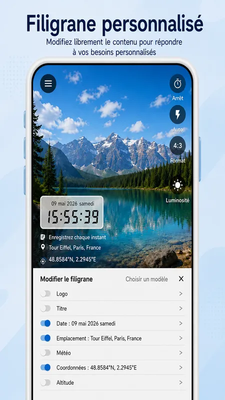 Écran StampCam : photo avec filigrane d’heure, d’adresse et de GPS (android 2)