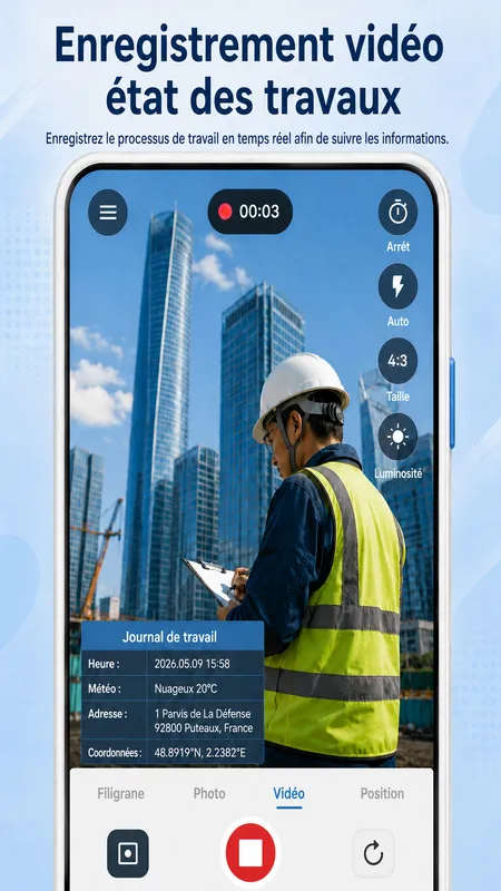 Écran StampCam : photo avec filigrane d’heure, d’adresse et de GPS (android 4)