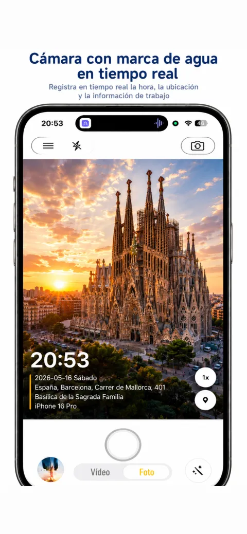 Pantalla de StampCam: foto con marca de agua de hora, dirección y GPS (ios 1)