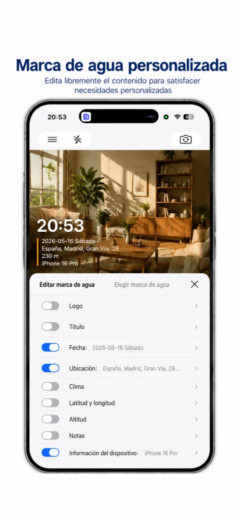 Pantalla de StampCam: foto con marca de agua de hora, dirección y GPS (ios 2)