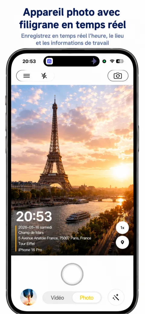 Écran StampCam : photo avec filigrane d’heure, d’adresse et de GPS (ios 1)