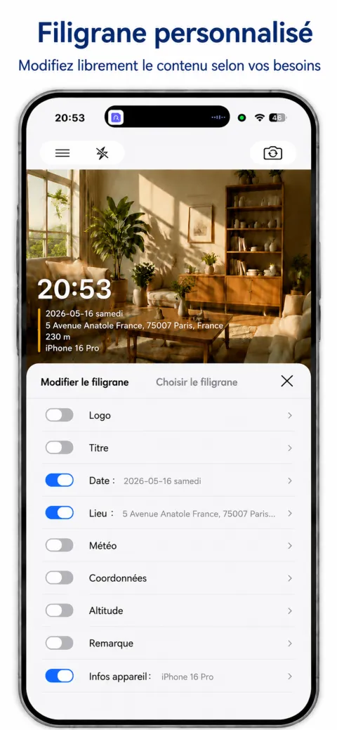 Écran StampCam : photo avec filigrane d’heure, d’adresse et de GPS (ios 2)