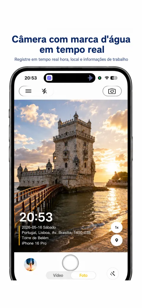 Tela do StampCam: foto com marca d’água de hora, endereço e GPS (ios 1)