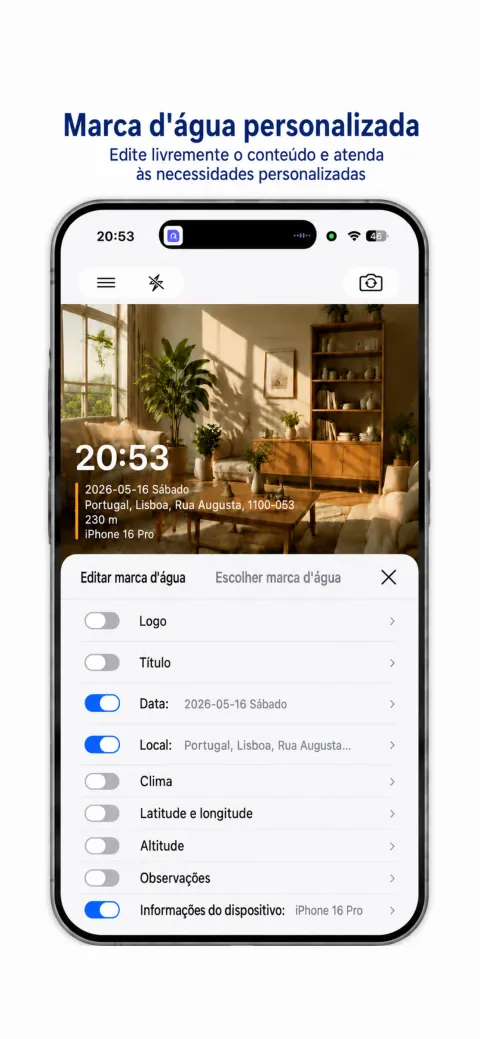 Tela do StampCam: foto com marca d’água de hora, endereço e GPS (ios 3)