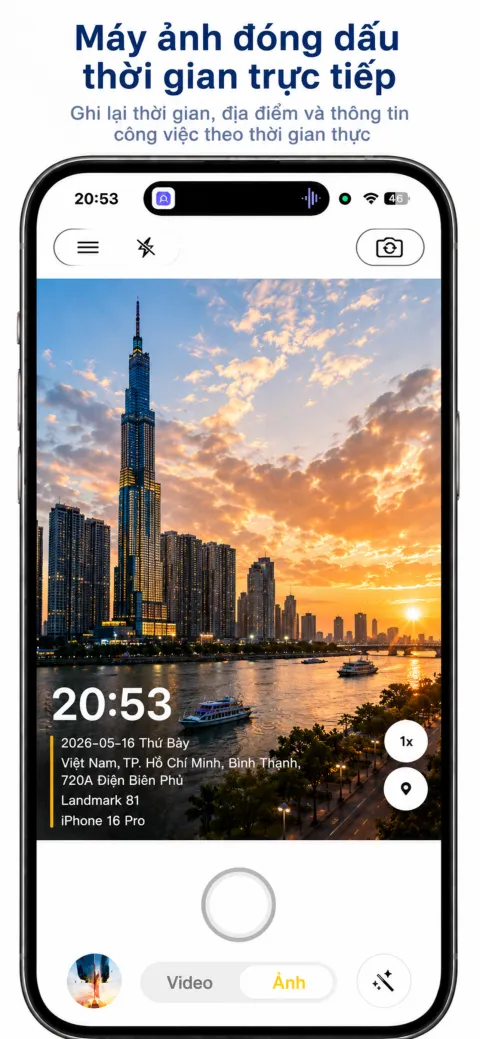 Màn hình StampCam: ảnh có hình mờ thời gian, địa chỉ và tọa độ GPS (ios 1)