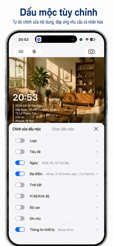 Màn hình StampCam: ảnh có hình mờ thời gian, địa chỉ và tọa độ GPS (ios 2)
